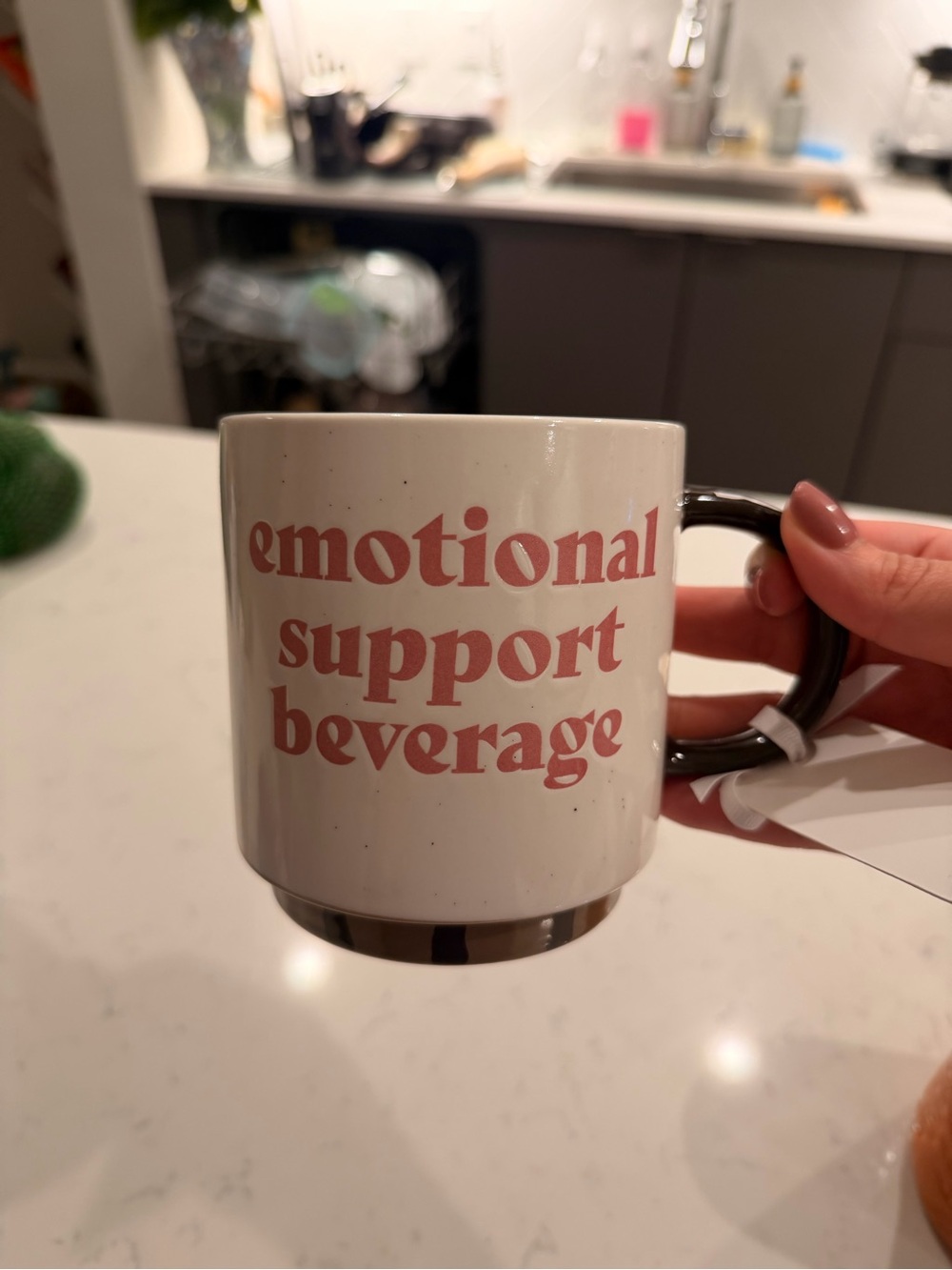 Mug with "emotional support beverage" Text